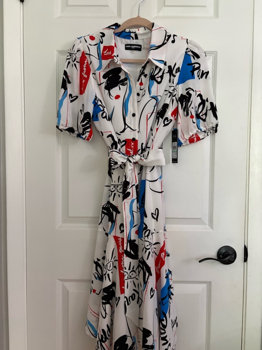 Karl Lagerfeld PARIS White Midi Dress with Blue, Red, Black Print Sz 8